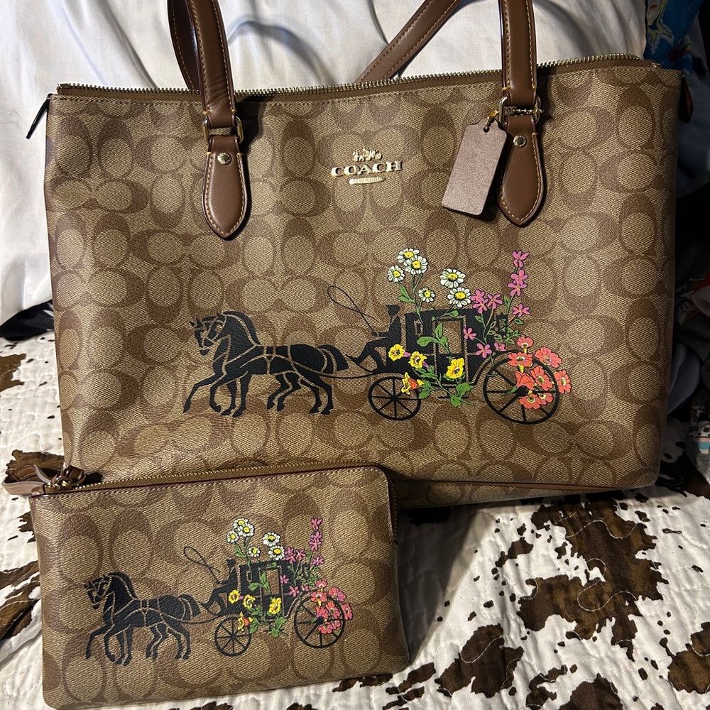 Coach Tan Tote and Wristlet with Floral Horse and Carriage